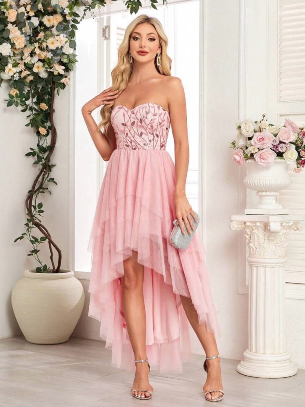 Pink high low strapless sequin dress